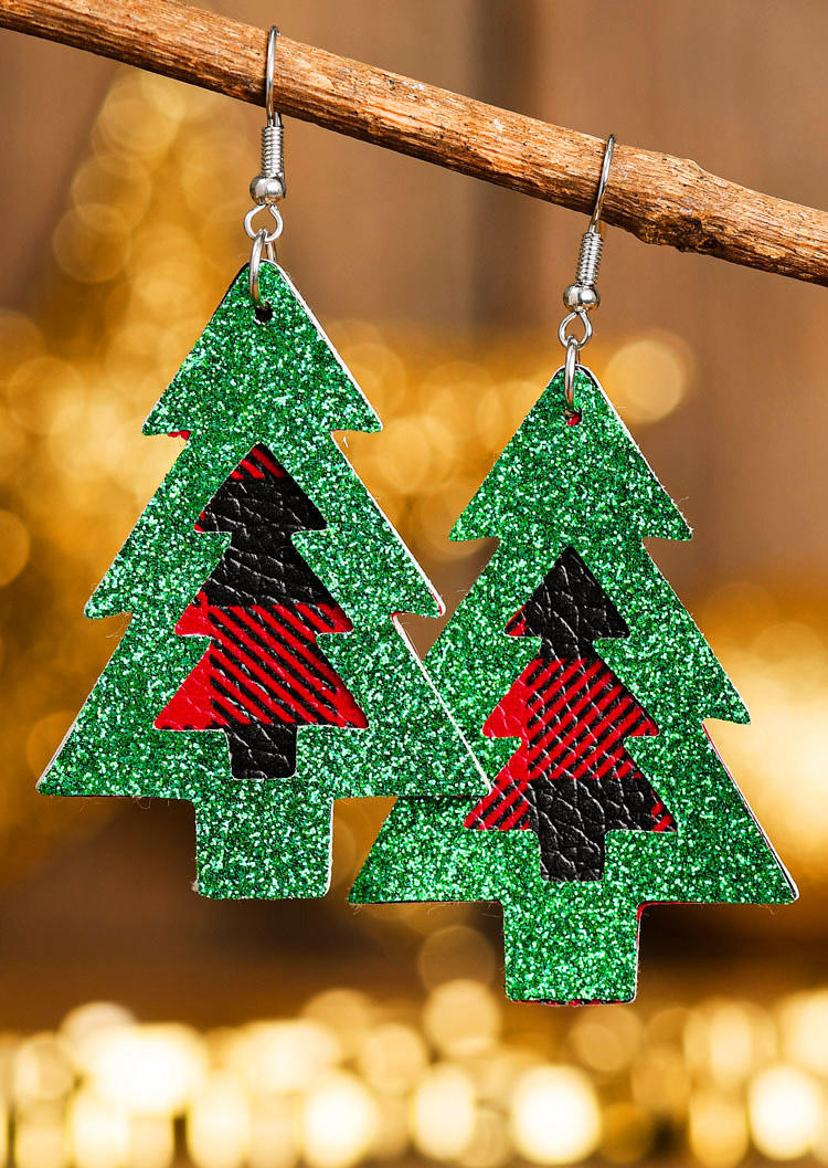 

Earrings Christmas Tree Plaid Pendant Earring in Gold,Green. Size