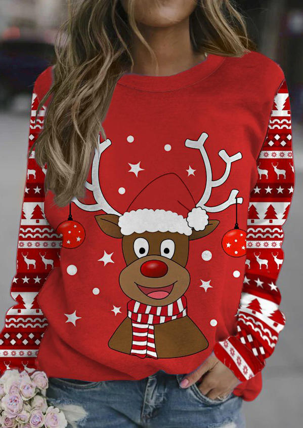 Blouses Reindeer Tree Star Long Sleeve Blouse in Red. Size: L,M,S