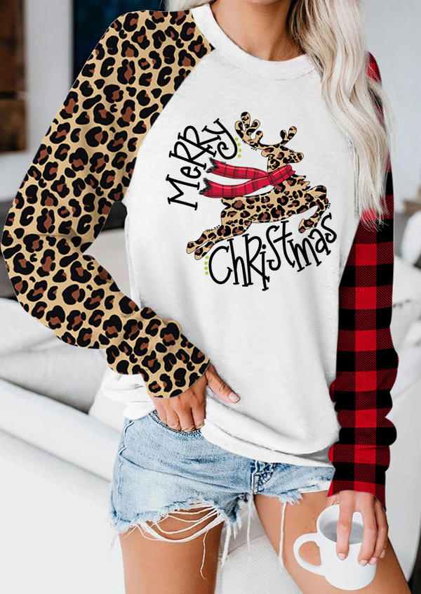 Sweatshirts Merry Christmas Reindeer Leopard Plaid Sweatshirt in White. Size: L,M,S,XL