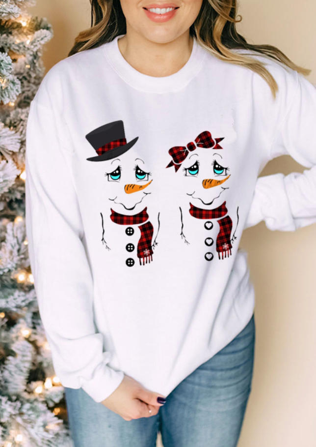 Christmas Snowman Plaid Pullover Sweatshirt - White