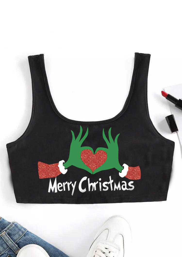 

Crop Tops Merry Christmas Cartoon Hand Crop Tank Top in Black. Size: ,M,L,XL