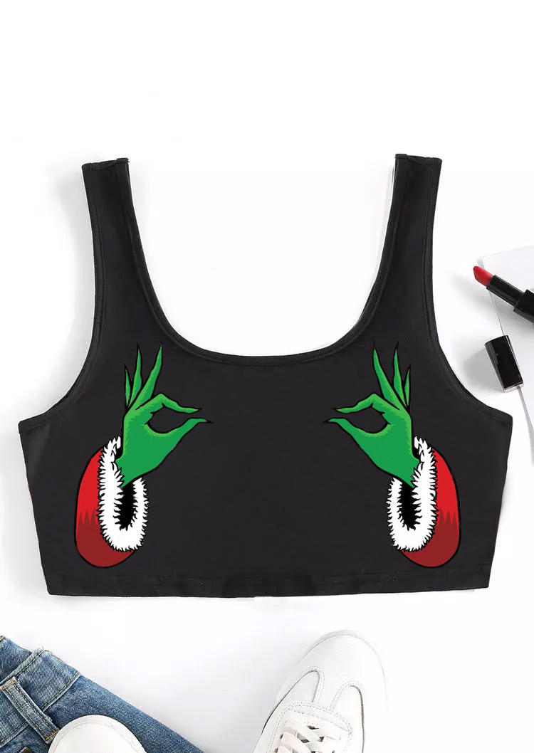 

Crop Tops Christmas Cartoon Hand Crop Tank Top in Black. Size: ,M,L,XL