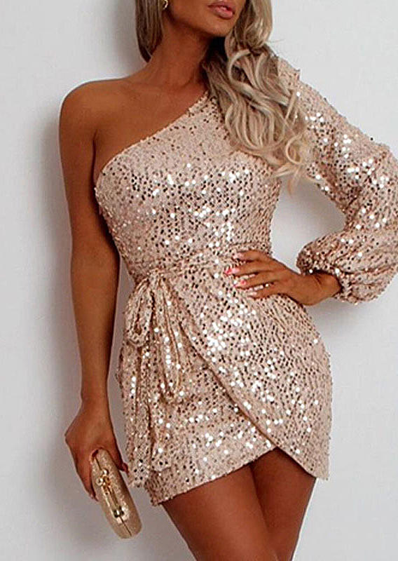 

Mini Dresses Sequined Wrap One Shoulder Mini Dress in Gold. Size: ,M,L,XL