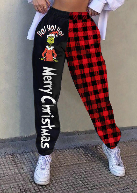 Merry Christmas Cartoon Plaid Color Block Sweatpants - Gray