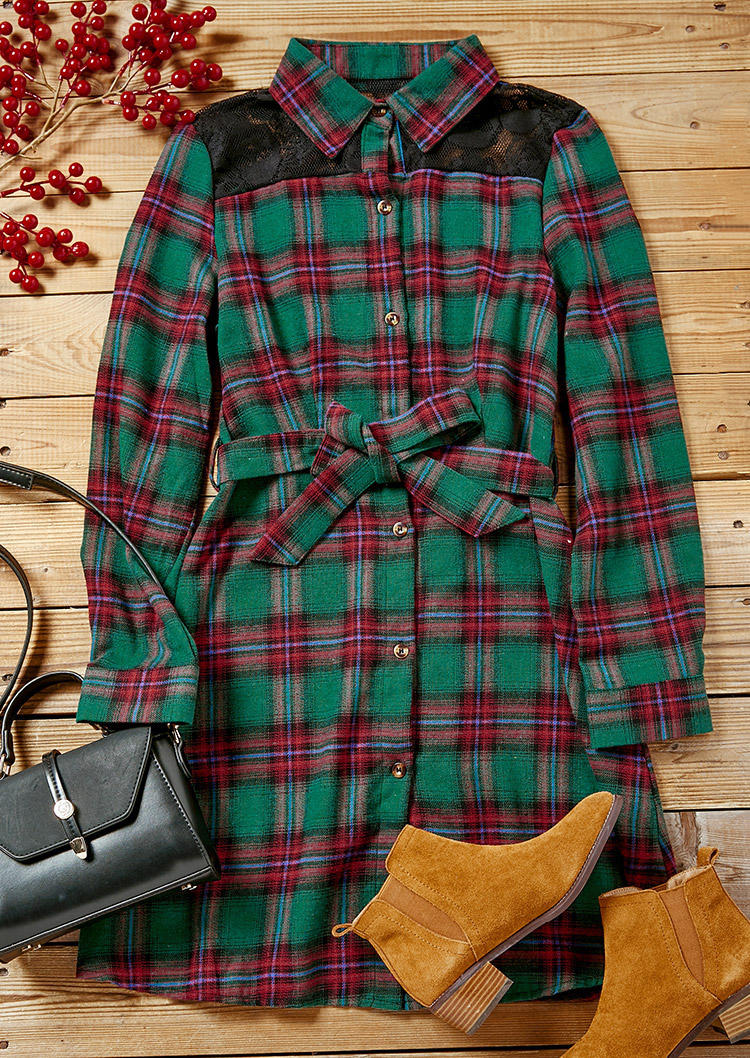 

Mini Dresses Plaid Turn-down Collar Mini Dress in Green. Size: ,M,L,XL