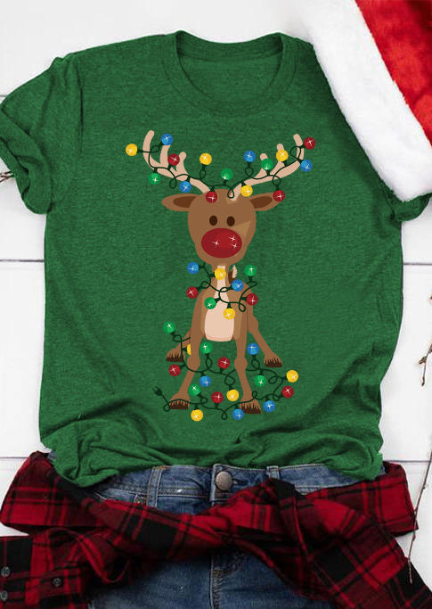 T-shirts Tees Reindeer O-Neck T-Shirt Tee in Green. Size: S,M,L