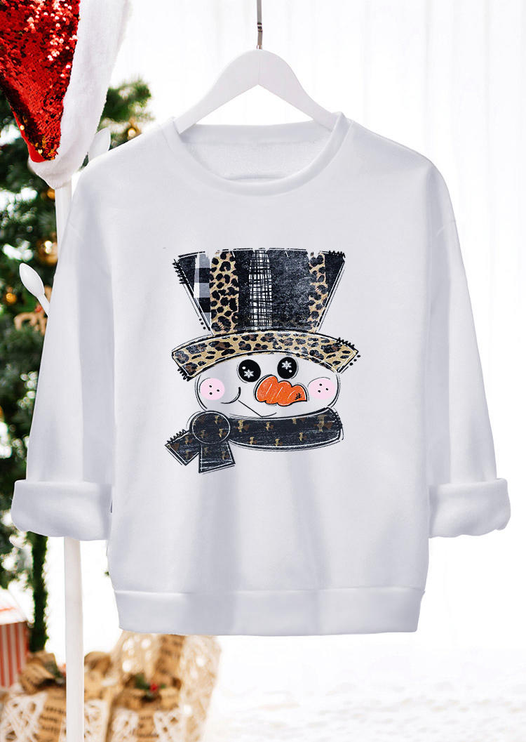 Christmas Snowman Leopard Pullover Sweatshirt - White