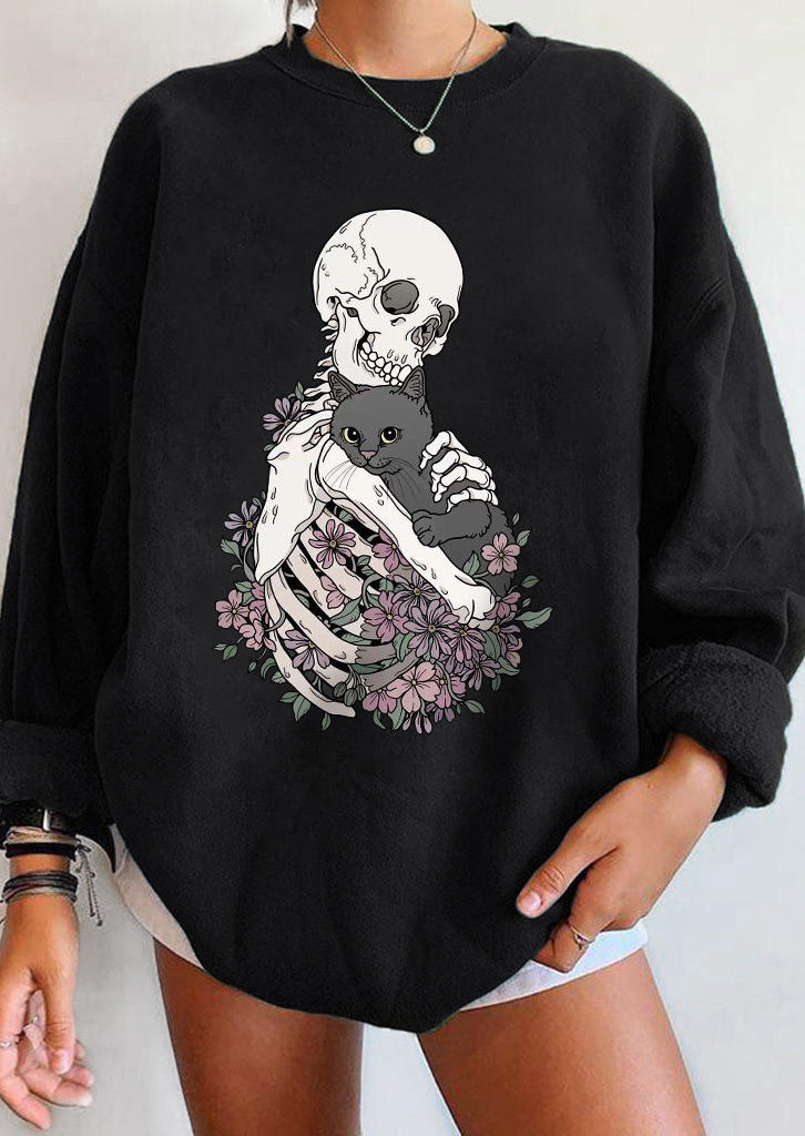 

Sweatshirts Skeleton Cat Floral Long Sleeve Sweatshirt in Black. Size: ,M,L,XL