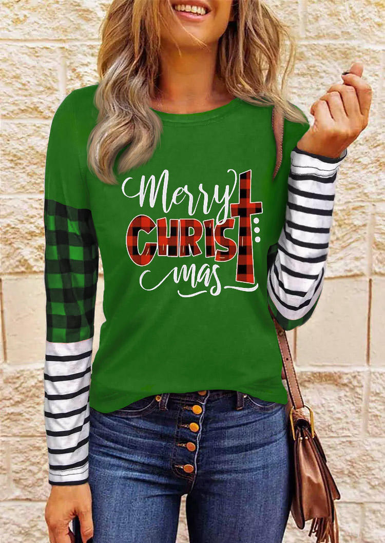 

Blouses Merry Christmas Plaid Striped Cross Blouse in Green. Size