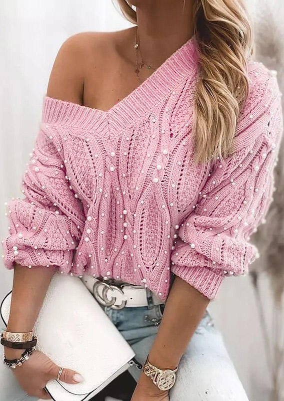 

Sweaters Crochet Beading Long Sleeve V-Neck Sweater in Light Pink. Size: ,M,L