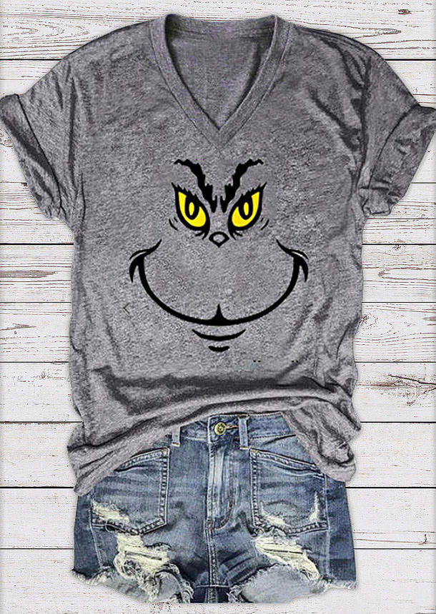 

T-shirts Tees Cartoon Face V-Neck T-Shirt Tee in Gray. Size: L,M,,XL