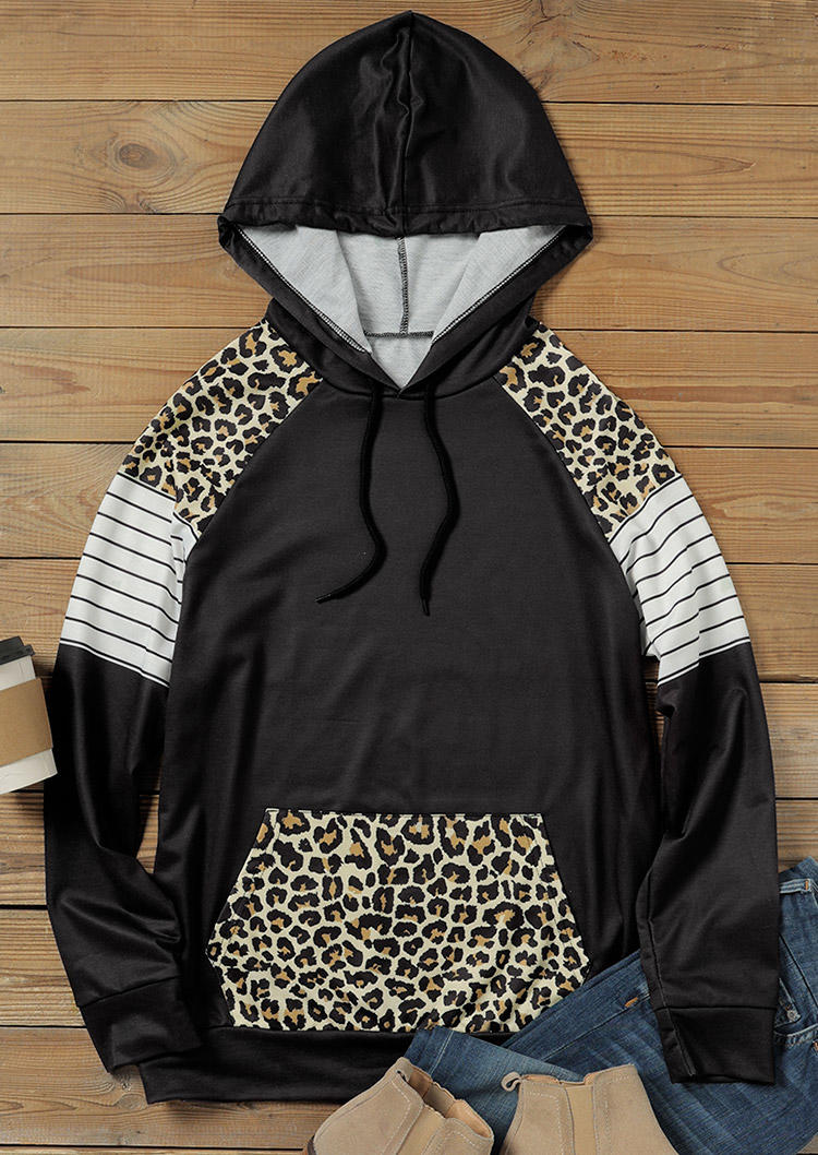 

Hoodies Leopard Striped Kangaroo Pocket Hoodie in Black. Size