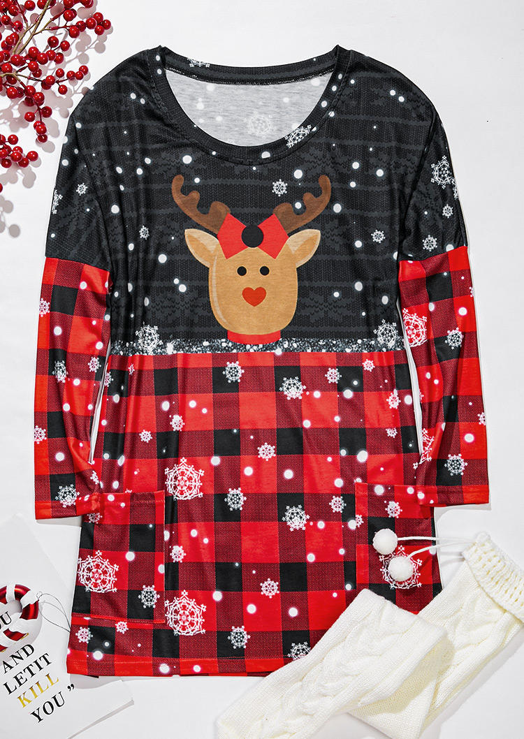 Mini Dresses Christmas Reindeer Plaid Pocket Mini Dress in Multicolor. Size: L