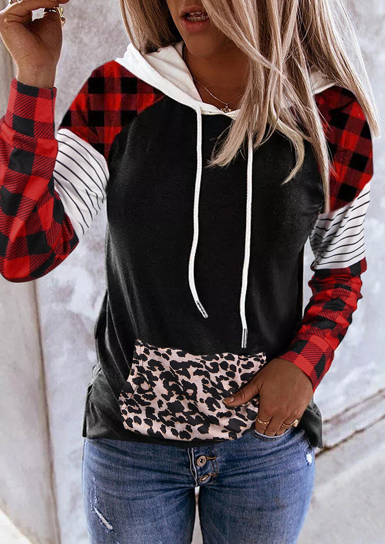 Hoodies Plaid Striped Leopard Long Sleeve Hoodie in Multicolor. Size: S,M,L