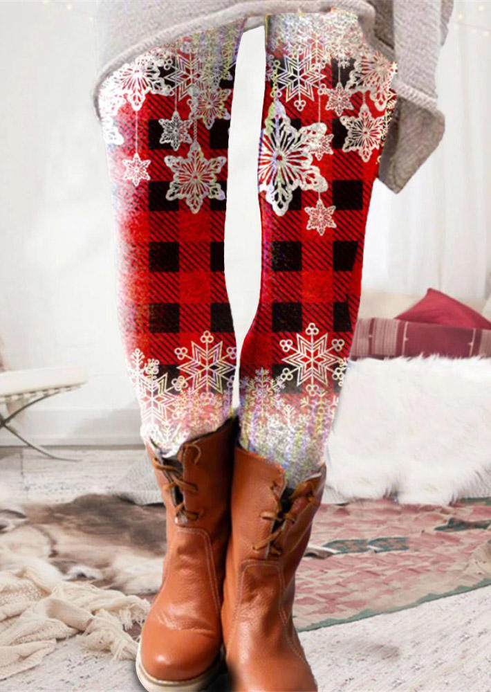 

Leggings Christmas Snowflake Plaid Skinny Leggings in Red. Size