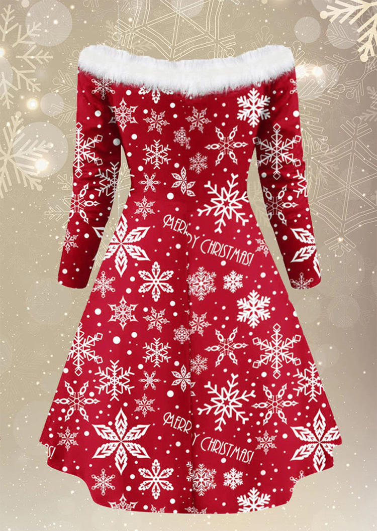 Christmas Snowflake Plush Off Shoulder Big Hem Mini Dress - Red
