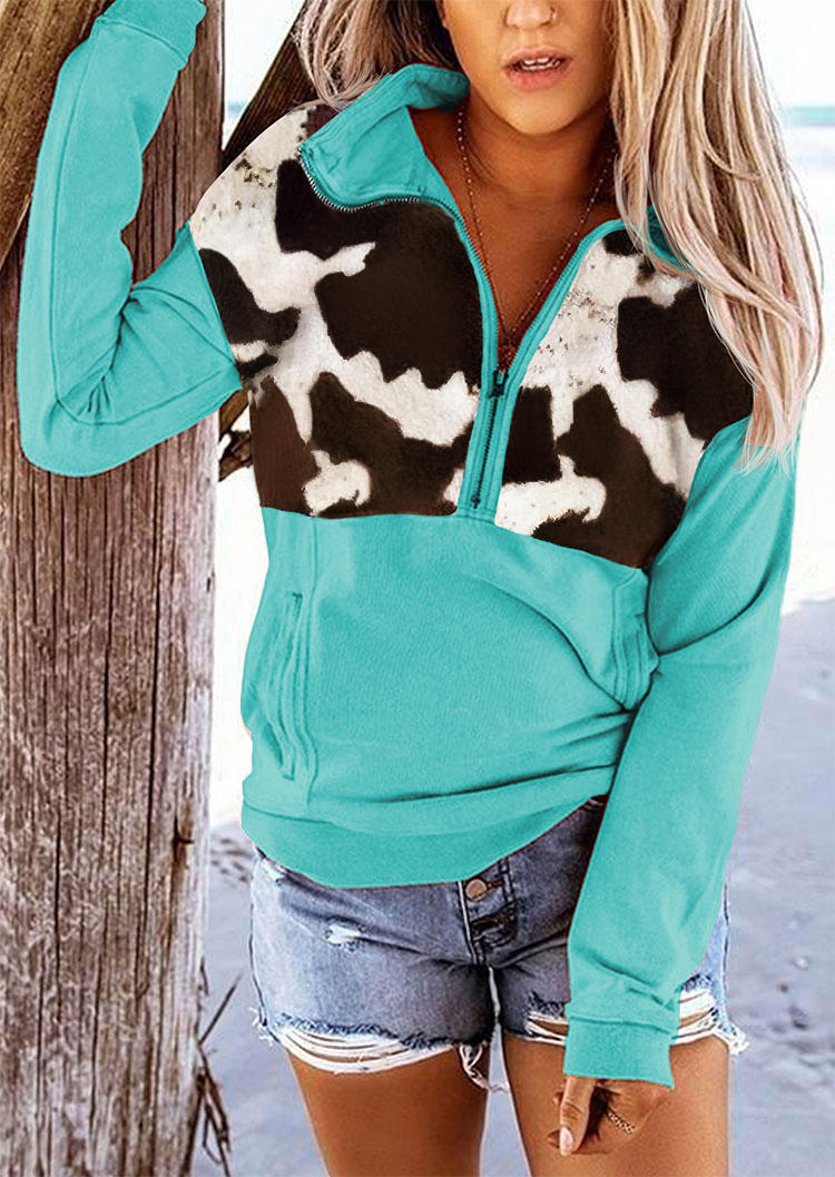 Cow Pocket Long Sleeve Zipper Collar Pullover Sweatshirt - Pink