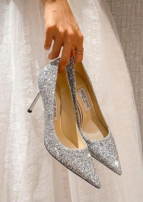 Glitter Pointed Toe Heels - Silver