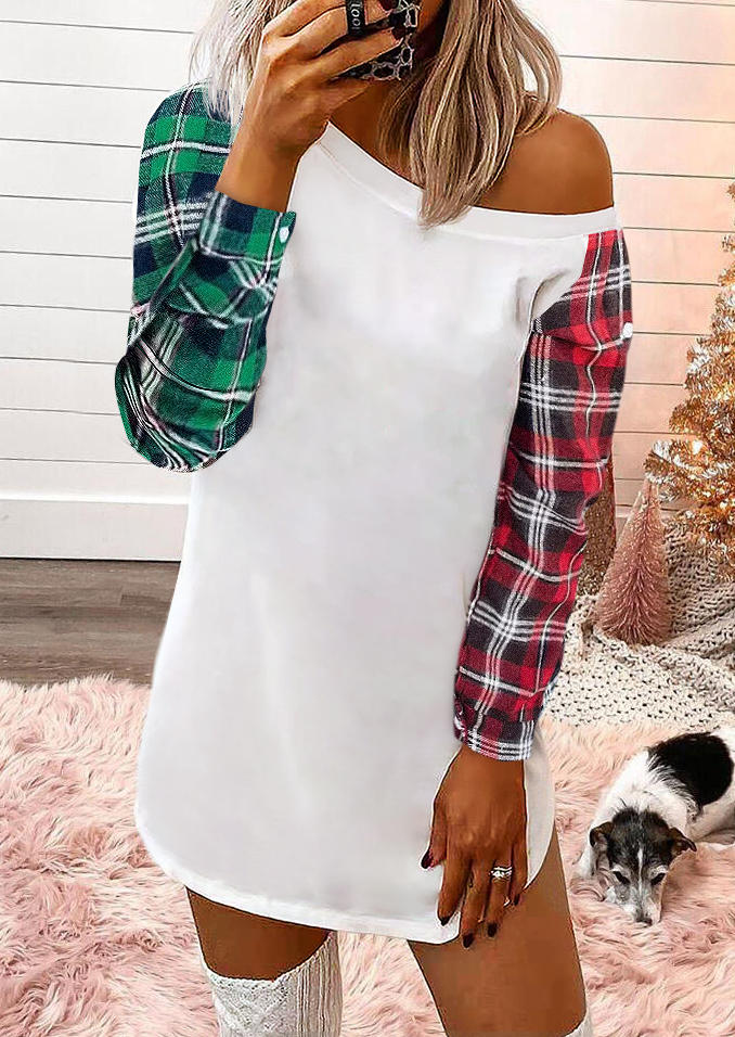 

Mini Dresses Plaid Raglan Sleeve Mini Dress in White. Size: ,M,L,XL