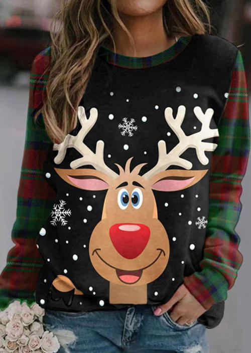 Christmas Reindeer Snowflake Plaid Sweatshirt - Black