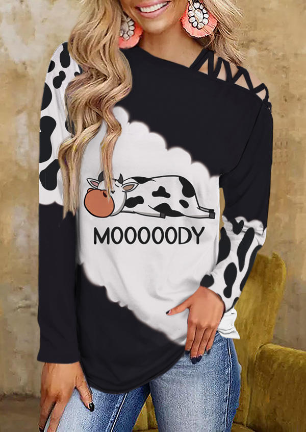 Blouses Mooooody Cow Color Block Criss-Cross One Sided Cold Shoulder Blouse in Multicolor. Size: L,M