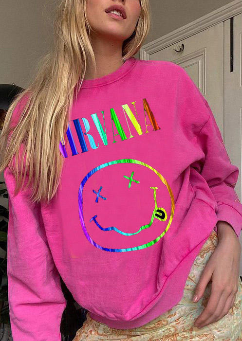 

Sweatshirts Nirvana Smile Face Pullover Sweatshirt in Rose Red. Size: ,M,L,XL