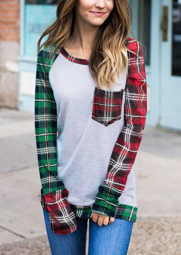 

Blouses Plaid Pocket Long Sleeve Blouse in Multicolor. Size: ,M,L,XL