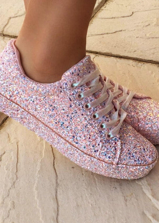 Sneakers Glitter Lace Up Round Toe Sneakers in Pink. Size: 41