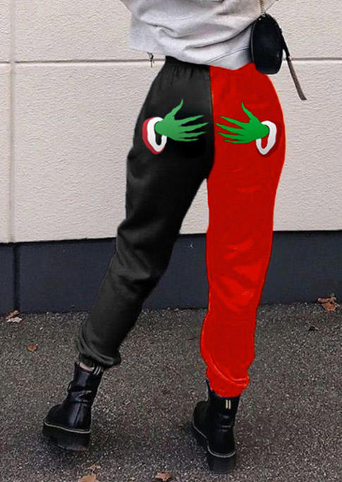 

Christmas Cartoon Hand Color Block Sweatpants, Black, 524783