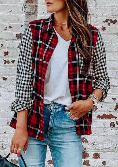 

Shirts Plaid Color Block Pocket Long Sleeve Shirt in Plaid. Size: ,M,L,XL