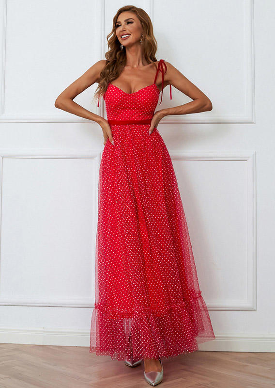 

Prom Dresses Polka Dot Mesh Spaghetti Strap Prom Dress in Red. Size: S,M,L