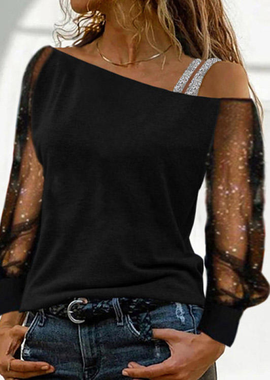 

Blouses Mesh Splicing Long Sleeve Blouse in Black. Size