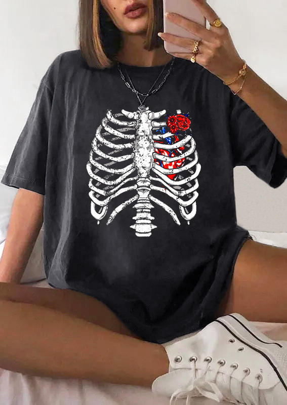 

T-shirts Tees Skeleton Floral Short Sleeve T-Shirt Tee in Dark Grey. Size: ,M,L,XL