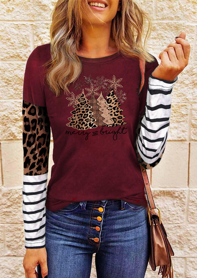 Christmas Merry & Bright Leopard Tree Striped Blouse - Burgundy