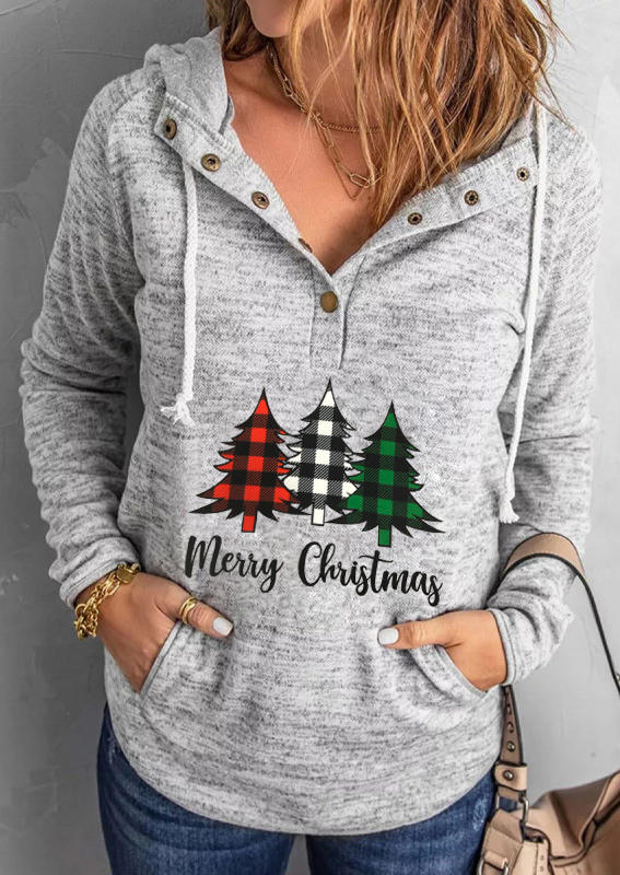 Hoodies Merry Christmas Tree Plaid Button Hoodie in Gray. Size: M,S
