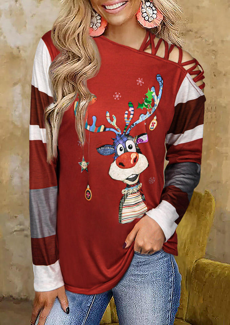 Blouses Reindeer Criss-Cross One Sided Cold Shoulder Blouse in Red. Size: L,M,S