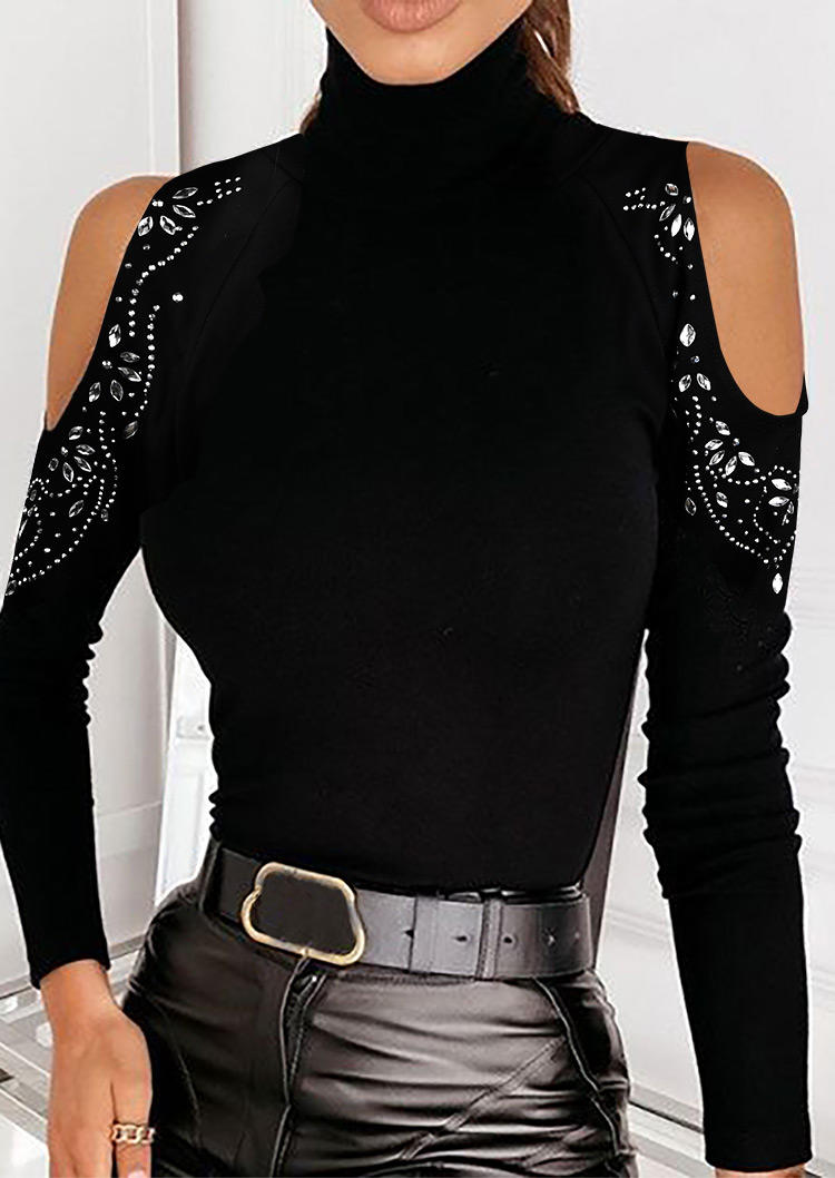 

Blouses Rhinestone Cold Shoulder Turtleneck Blouse in Black. Size