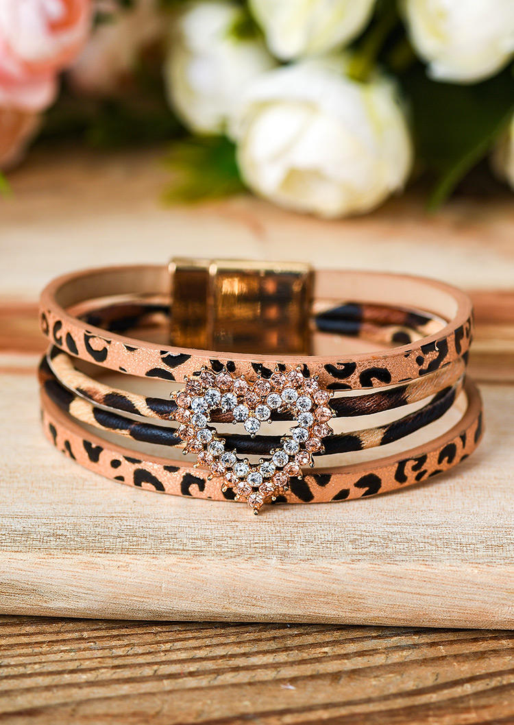 

Bracelet Rhinestone Heart Leopard Magnet Buckle Bracelet in Leopard. Size