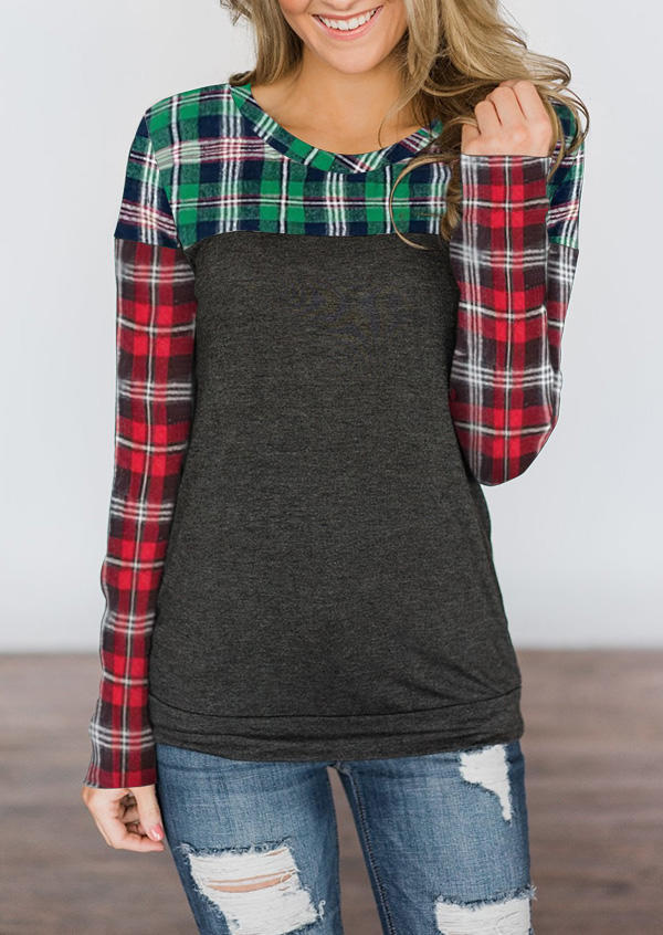

Blouses Plaid Color Block Long Sleeve Blouse in Multicolor. Size: ,M,L,XL