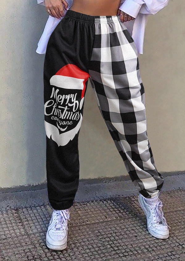 

Pants Merry Christmas Santa Claus Plaid Sweatpants in Black. Size: ,M,L,XL