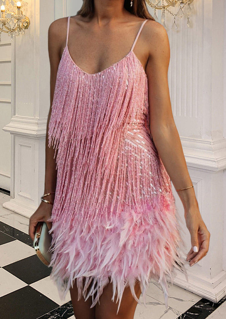 Prom Dresses Sequined Tassel Feather Prom Dress in Pink. Size: S,M,L,XL