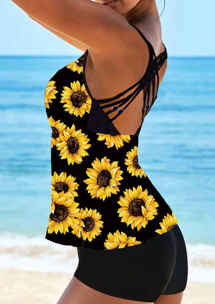 Tankinis Sunflower Hollow Out Criss-Cross Tankini Set in Black. Size: M,S