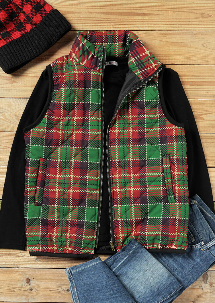 Plaid Zipper Pocket Sleeveless Vest Coat