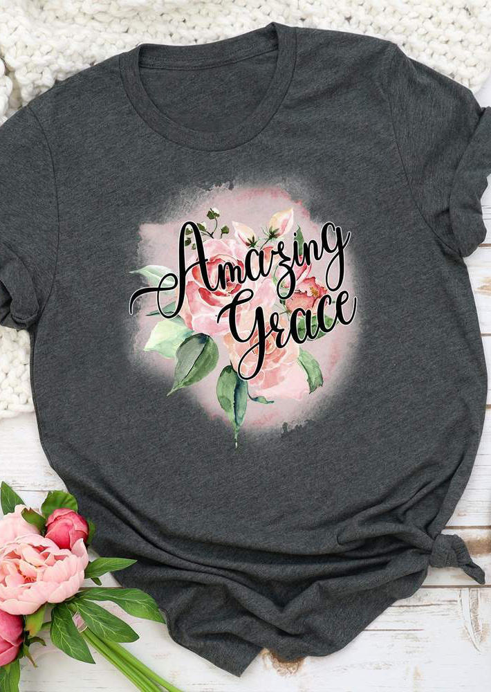 Amazing Grace Floral T-Shirt Tee - Dark Grey