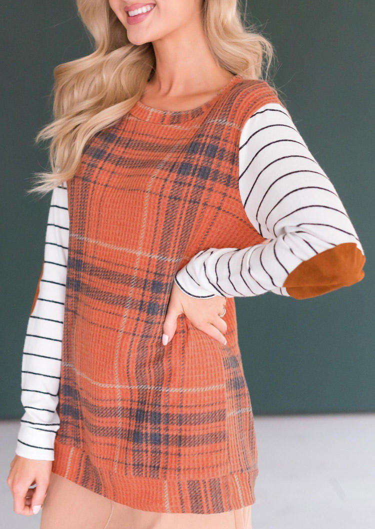 Striped Plaid Splicing Long Sleeve Blouse