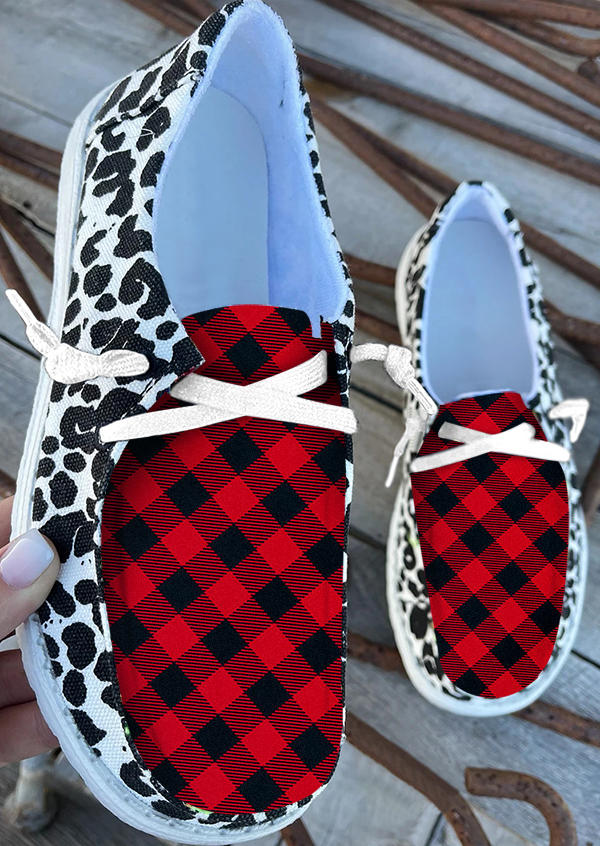 Cow Plaid Lace Up Sneakers - Red