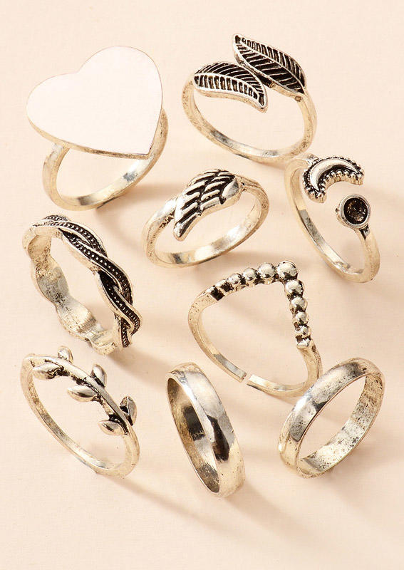 

Rings 9Pcs Heart Leaf Wing Moon Ring Set in Silver. Size