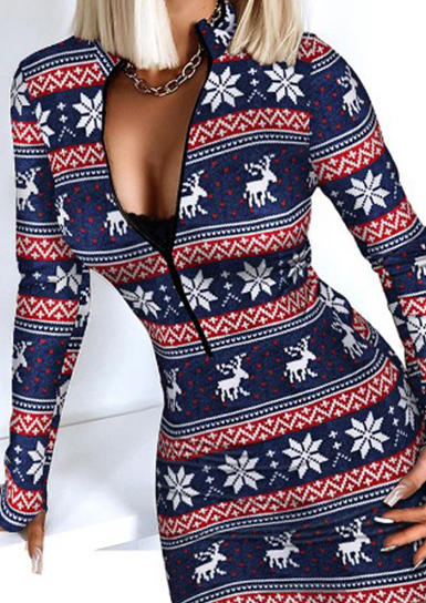 Christmas Reindeer Snowflake Zipper Bodycon Dress