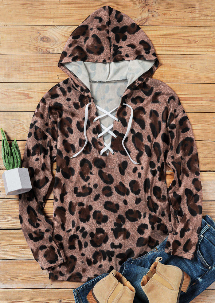 

Blouses Leopard Lace Up Long Sleeve Hooded Blouse in Leopard. Size: ,XL