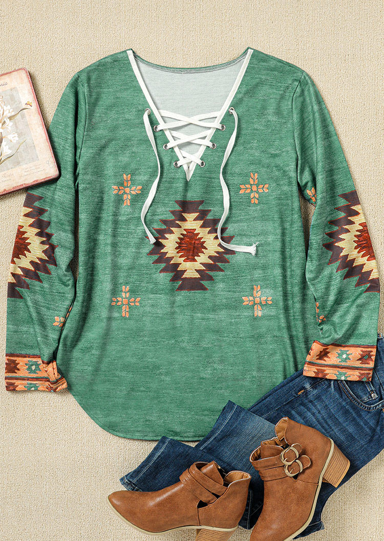 Blouses Lace Up Aztec Geometric Long Sleeve Blouse in Light Green. Size: S,XL